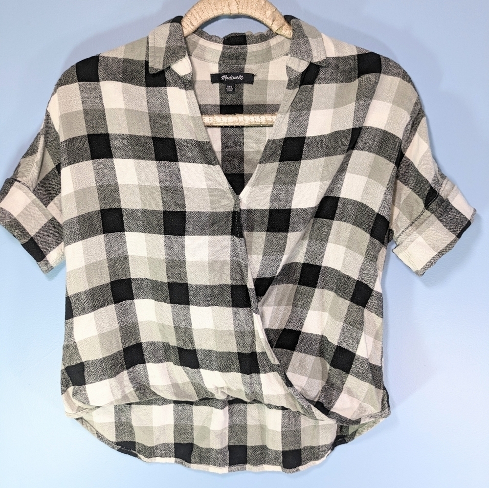 Madewell Black/White Plaid Linen Blend Wrap Front Top